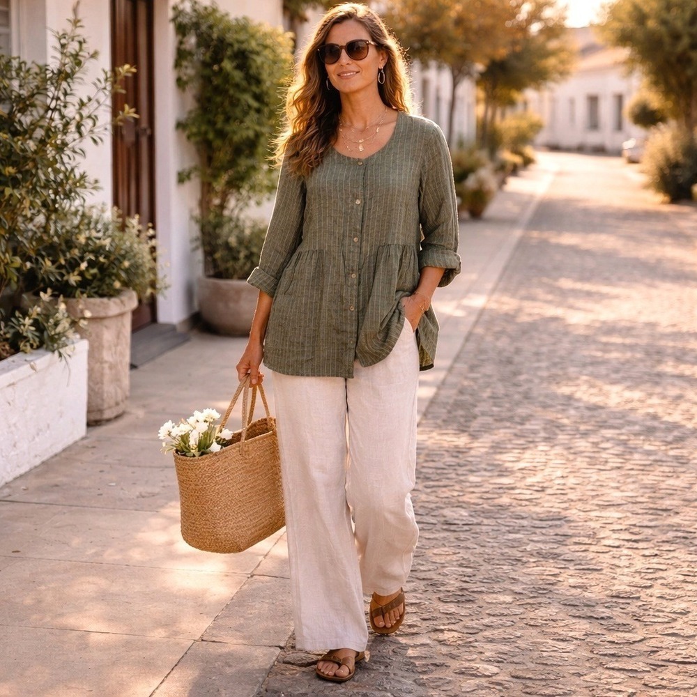 J. Jill Pure Linen Olive Green Relaxed Button Tunic Top Size XS Coastal Grandma